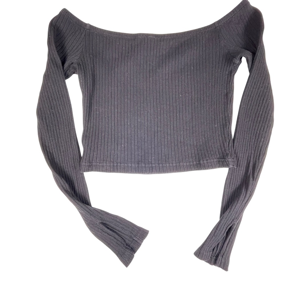 H&M Divided Top Women M Black Ribbed Off Shoulder Long Sleeve Crop Top - Picture 3 of 8
